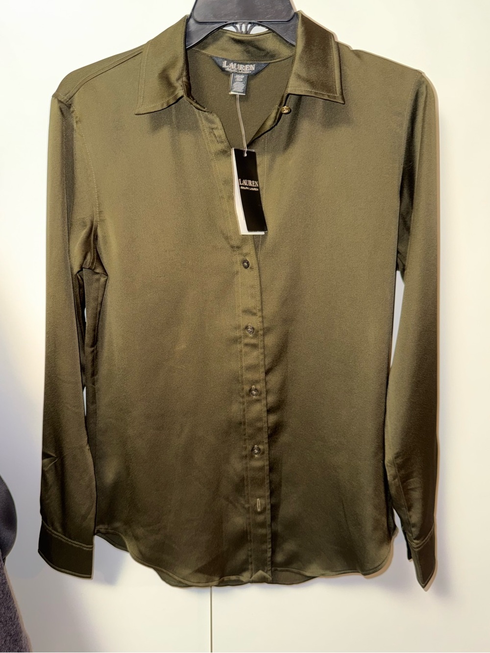 Lauren Ralph Lauren womens olive green satin charmeuse button down shirt Sz XS